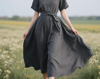Women Linen Midi Dress Short Sleeve Round Neck with Belt Dress Flowy Casual Dress with Pockets Minimalist Summer Fall Dress Custom Dress