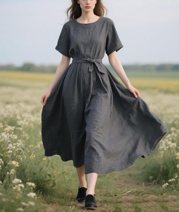 Women Linen Midi Dress Short Sleeve Round Neck with Belt Dress Flowy Casual Dress with Pockets Minimalist Summer Fall Dress Custom Dress