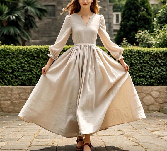 Rustic Linen Maxi Dress With Puff Sleeves Pockets Cottagecore Long Sleeve  A-line Dress V-neck Flowy Dress Summer Fall Dress Custom Dress - Etsy