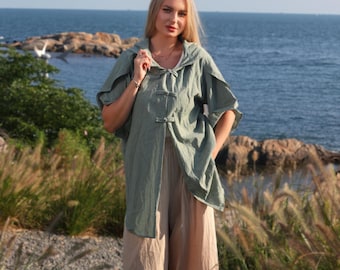 Jaqueta feminina de linho, jaqueta curta de linho com manga tulipa, cardigã de linho com capuz, jaqueta casual de linho, jaqueta minimalista, jaqueta vintage.