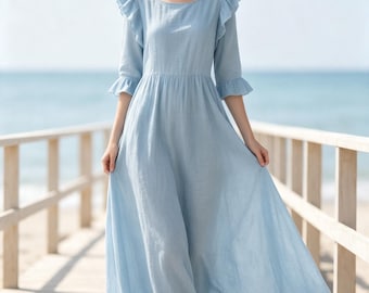 Vintage Linen Maxi Dress Round Neck Half Sleeve Linen Dress with Pockets Modest Summer Fall Dress Swing Dress Wedding Dresses for Women