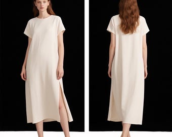 Linen Dress for Women Linen Midi Dress with Side Slits Loose Summer Dress Linen Clothing Minimalist Short Sleeve Dress Custom Handmade Dress