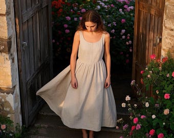 Vestido largo minimalista de lino sin mangas, estilo cottagecore, vestido de verano fluido hecho a mano, vestido boho natural estilo pradera, vestido de verano de lino, vestido a medida