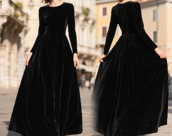 Black Velvet Dress Women, Long Sleeve Floor Length Velvet Gown, Elegant Handmade Velvet Maxi Dress, Winter Formal Evening Dress Custom Dress