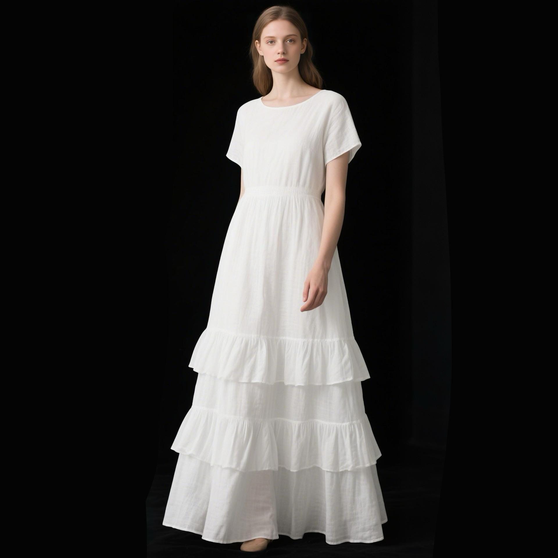 White Linen Maxi Dress for Women Tiered Ruffle Hem Short Sleeve Dress Summer Boho Cottagecore Dress Handmade Custom Dress Spring Fall Dress