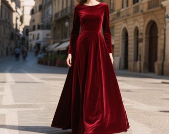 Wijnrode fluwelen jurk dames, fluwelen jurk met lange mouwen tot de grond, elegante handgemaakte fluwelen maxi-jurk, formele winteravond feestjurk