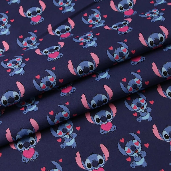 Stitch with Hearts Fabric Anime Cartoon Cotton Fabric By The Half Yard