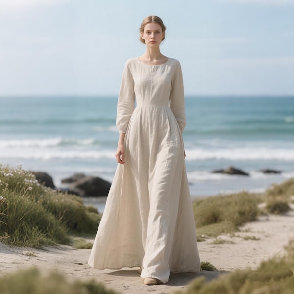 Elegant Long Linen Dress with 3/4 Sleeves Linen Maxi Dress Flowy Beach Dress A-Line Dress Spring Summer Fall Linen Kaftan Dress Custom Dress