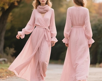 Linen Dress with Belt and Pockets Classic Linen Dress Women Elegant Linen Dress Long Sleeve Wrap Linen Dress Spring Fall Dress Custom Dress