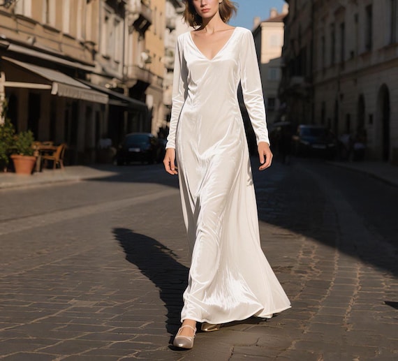 Formal White Velvet Dress White Velvet Maxi Dress Long Sleeve V Neck Dress  Elegant Gown Fall