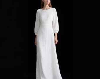 White Linen Maxi Dress Women 3/4 Sleeve Sleeve Floor Length Linen Gown Cottagecore Dress Minimalist Handmade Dress  Custom Spring Fall Dress