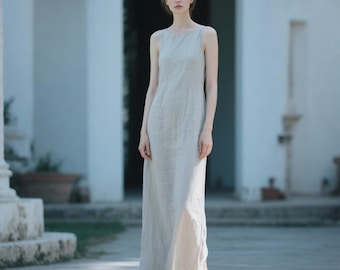 Vestido largo de lino natural, cuello redondo, sin mangas, ajustado, de lino, minimalista, moda lenta, vestido de diario, vestido modesto de verano, vestido a medida
