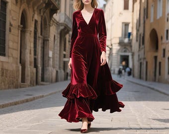 Samt Maxi Kleid für Frauen Tiefem V-Ausschnitt Langarm-Kleid Rüschensaum Abendkleid Kleid Vintage Dress Party Abendkleid Herbst-Winterkleid