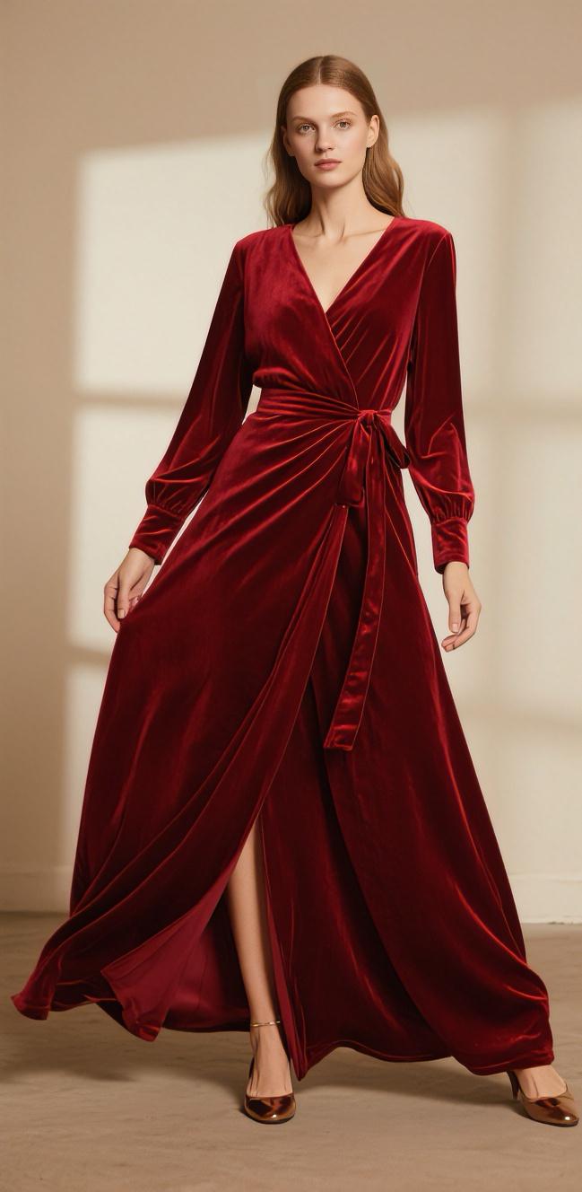 Velvet Wrap Maxi Dress Long Sleeve Evening Gown Elegant V Neck Formal Dress for Wedding Guest & Holiday Party Custom Dress Fall Winter Dress