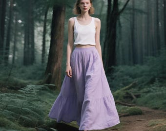 Falda larga de lino con bolsillos, falda larga escalonada con cintura elástica, falda bohemia de verano para mujer, falda suave y fluida, ropa de lino, falda personalizada
