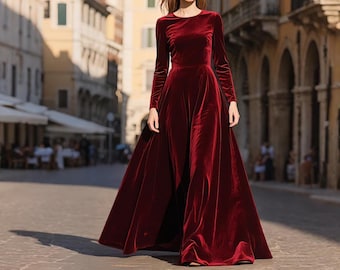 Wijnrode fluwelen maxi-jurk vrouwen lange mouw tot de grond lange jurk Elegante fluwelen avondjurk herfst winter formele jurk bruiloftsgast outfit