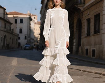 Vestido largo de terciopelo blanco para otoño e invierno, para mujer, cuello alto, manga larga, dobladillo con volantes escalonados, elegante, para invitadas de boda, atuendo para fiesta navideña.
