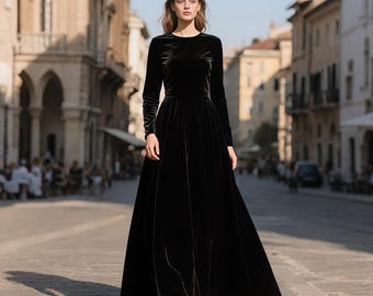 ブラックベルベットマキシドレス レディース ロングスリーブ フロア丈 フォーマルイブニングドレス エレガント 秋冬 パーティードレス ホリデーガラ衣装 カスタムドレス