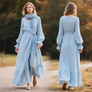 LINEN WRAP DRESS V Neck Dress Long Bishop Sleeve Maxi Dress with Ruffle Cuffs Boho A-Line Dress with Hem Ruffle Custom Spring Fall Dress