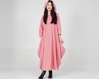 Linen Maxi Dress, Hooded Loose Boho Dress, Long Sleeve A-Line Dress, Petal Hem Dress, Medieval-Inspired Cottagecore Gown, Summer Fall Dress