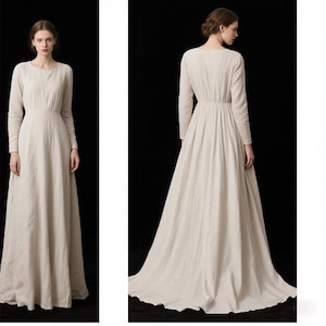 Elegant White Linen Long Sleeve Dress with Round Neck Extra Long Train Maxi Dress Cottagecore A-Line Dress Spring Summer Dress Custom Dress