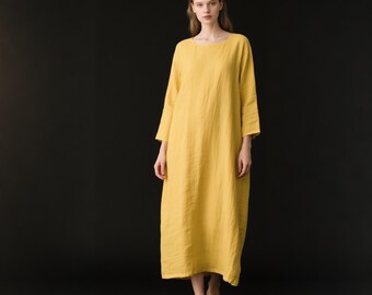 Boho Linen Dress Loose Fit Long Sleeve Linen Maxi Dress Yellow Linen Sundress for Vacation Custom Casual Loungewear