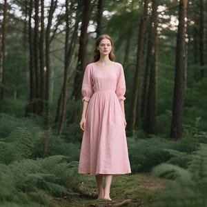 Romantic Linen Midi Dress with Puff Sleeves and Ruffle Cuffs Cottagecore Dress with Pockets Flowy Dress Custom Vintage Dress Women Dress