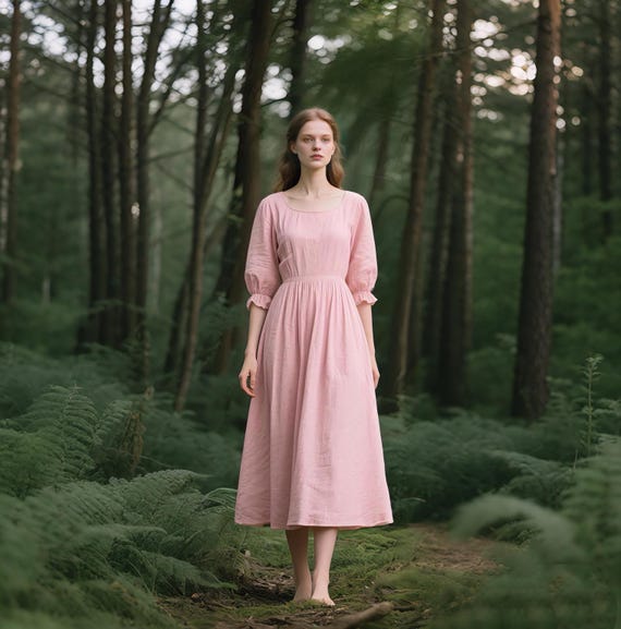 Romantic Linen Midi Dress with Puff Sleeves and Ruffle Cuffs Cottagecore Dress with Pockets Flowy Dress Custom Vintage Dress Women Dress