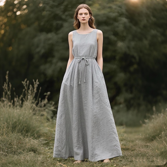 chinese dress ladies Grey Linen Asymmetric Dress C427 – YLISTYLE