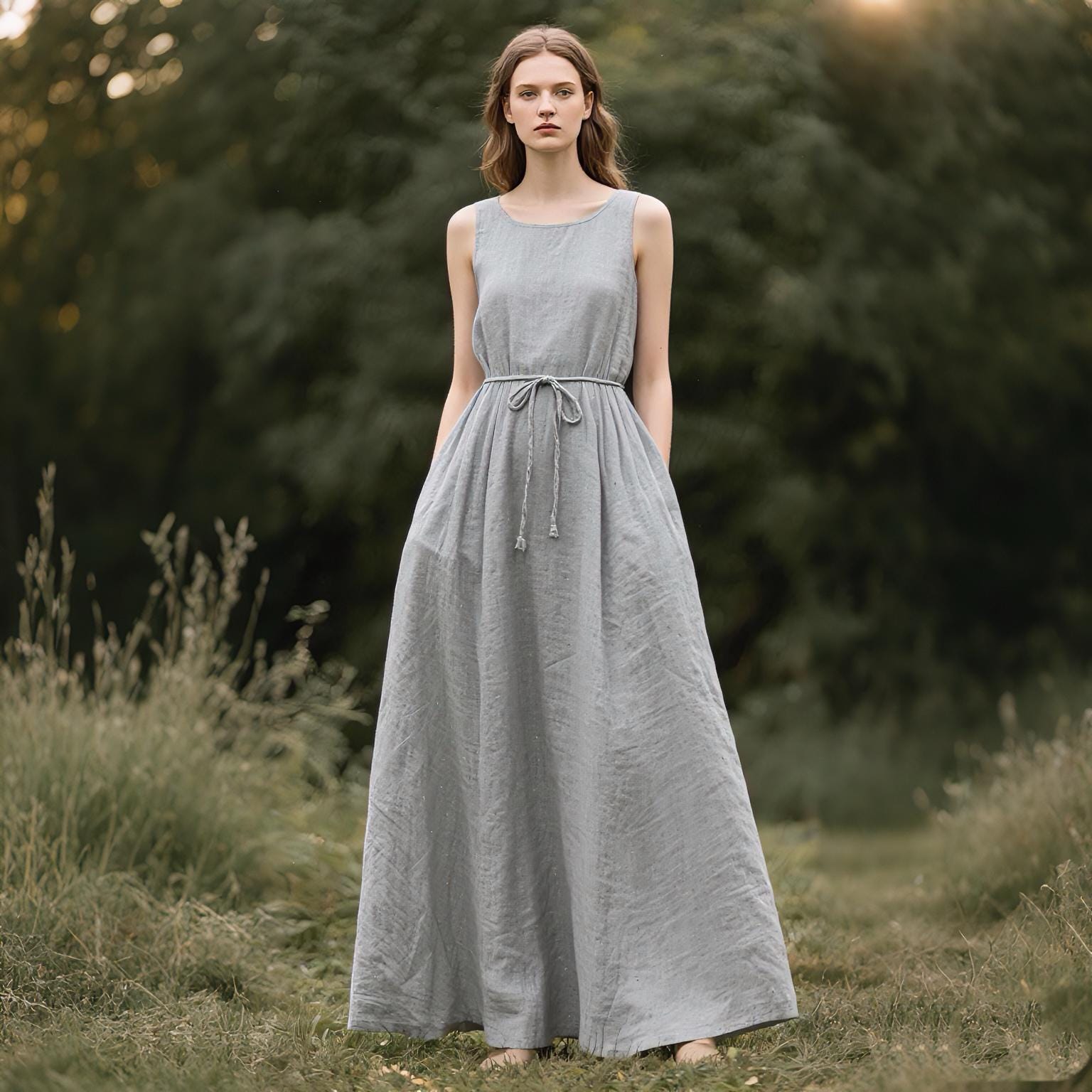 chinese dress ladies Cali1850 Women's Xs~xl Lined Tiered Sleeveless Linen Flare Maxi Dress with Adjustable Spaghetti Strap main image 1