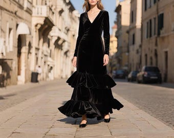 Vestido largo de terciopelo negro para mujer, cuello en V, manga larga, dobladillo con volantes escalonados, elegante vestido de noche para otoño e invierno, fiesta, atuendo formal personalizado