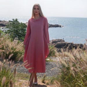 Elegant Long Linen Dress A-line Maxi Dress with Pockets Long Sleeves Circular Dress Round Neck Comfortable Loose Dress Women Plus Size Dress