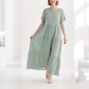 Linen Maxi Dress with Pockets Tiered Loose Fit Summer Dress for Women Boho Dress Minimalist Short Sleeve Handmade Dress Custom Casual Dress