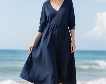 Women Blue V Neck Midi Dress Elastic Waist Long Sleeve Flowy Beach Holiday Dress Swing Vacation Dress Summer Fall Dress Custom Dress