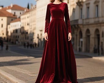 Bordeauxrode fluwelen jurk dames, fluwelen jurk met lange mouwen, elegante sweep-trein fluwelen maxi-jurk, handgemaakte aangepaste rode fluwelen avondjurk