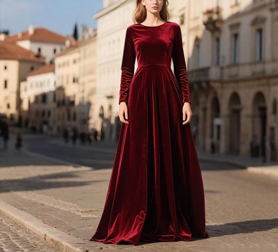 Burgundy Velvet Dress Women, Long Sleeve Velvet Gown, Elegant Sweep Train Velvet  Maxi Dress, Handmade Custom Red Velvet Formal Evening Dress - Etsy Israel
