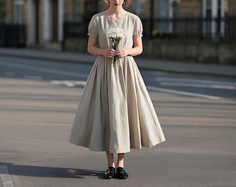 Romantic Linen Maxi Dress Short Puff Sleeve Vintage Dress Round Neck Summer Dress Cottagecore A-Line Dress with Elastic Waist Custom Dress