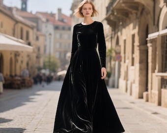 Black Velvet Dress for Women, Long Sleeve Velvet Maxi Dress, Elegant Handmade Velvet Gown, Classic Black Evening Dress, Winter Formal Dress