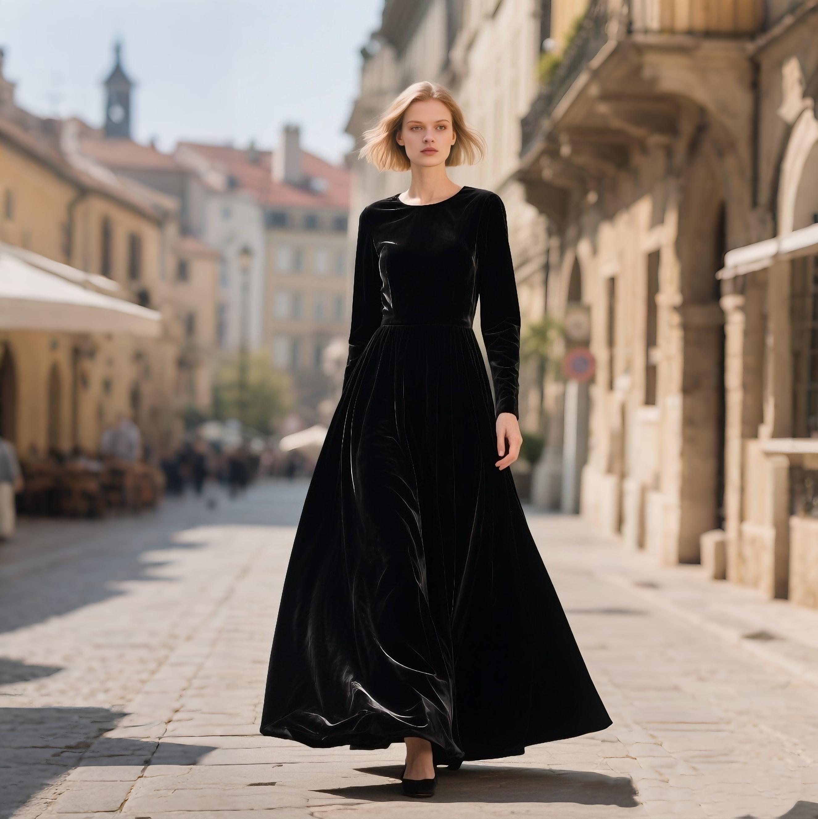 black velvet dress for women Baltic Born Womens Tatiana One Shoulder Maxi | Elegant black velvet wrap maxi with a tulip skirt Black Velvet Dress With Crystal