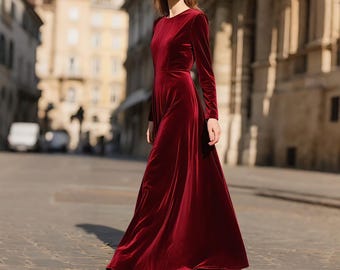 Wijnrode fluwelen maxi-jurk vrouwen lange mouw tot de grond lange jurk Elegante fluwelen avondjurk Formele herfst / winterjurk bruiloftsgastoutfit