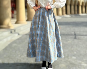 Rutig ullkjol, ullmaxikjol för kvinnor, höstvinterkjol, tartan lång ullkjol, vintage swingkjol, bohemisk a-linjekjol, plus size-kjol