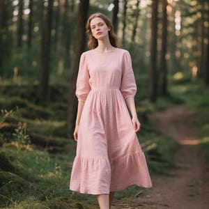 Linen Midi Dress with Puff Sleeves and Ruffle Hem Romantic Cottagecore Dress Women Flowy Dress Custom A-Line Summer Dress Fairycore Dress