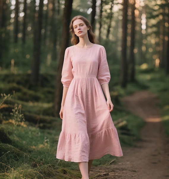 navy blue dress for baby girl Linen Midi Dress With Puff Sleeves and Ruffle Hem Romantic Cottagecore Dress  Women Flowy Dress Custom A-line Summer Dress Fairycore Dress