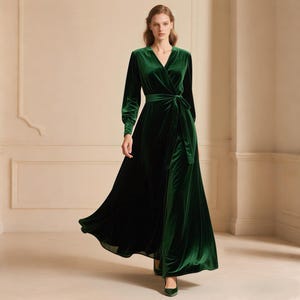 Green Velvet Wrap Maxi Dress Long Sleeve Floor Length Evening Gown