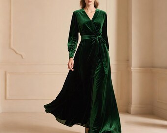 dark green long sleeve wrap dress Wrap Dress Long Sleeve Green Velvet Gown Dark Green V Neck Velvet Wrap Long  Prom Dress