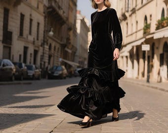 Vestido largo de terciopelo negro para mujer, vestido de manga larga con dobladillo con volantes escalonados, elegante vestido de noche para otoño e invierno, vestido de fiesta formal personalizado para vacaciones.