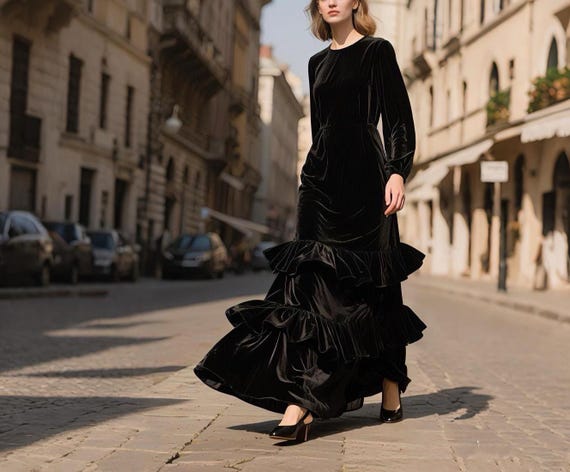 black winter birthday dress Velvet Maxi Women Long Sleeve Dress Tiered Ruffle Hem Elegant Evening Gown Fall Party Dress Custom Formal Holiday Dress Size Bust Waist cm