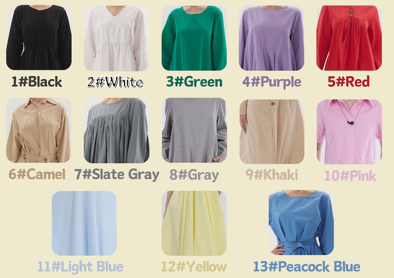 Pode incluir: Uma cole&ccedil;&atilde;o de 13 vestidos de diferentes cores, cada um com uma cor e estilo diferente. Os vestidos s&atilde;o todos de manga comprida e t&ecirc;m um design simples e elegante.