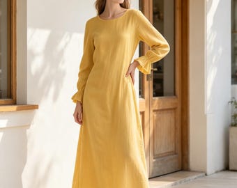 Summer Yellow Linen Midi Dress Round Neck Long Ruffle Cuff Sleeve Back Elastic Waist Minimalist Casual Boho Dress Custom Fall Dresses