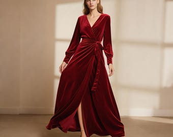long sleeve wrap formal dress Burgundy silk wrap dress - Long sleeve satin gown